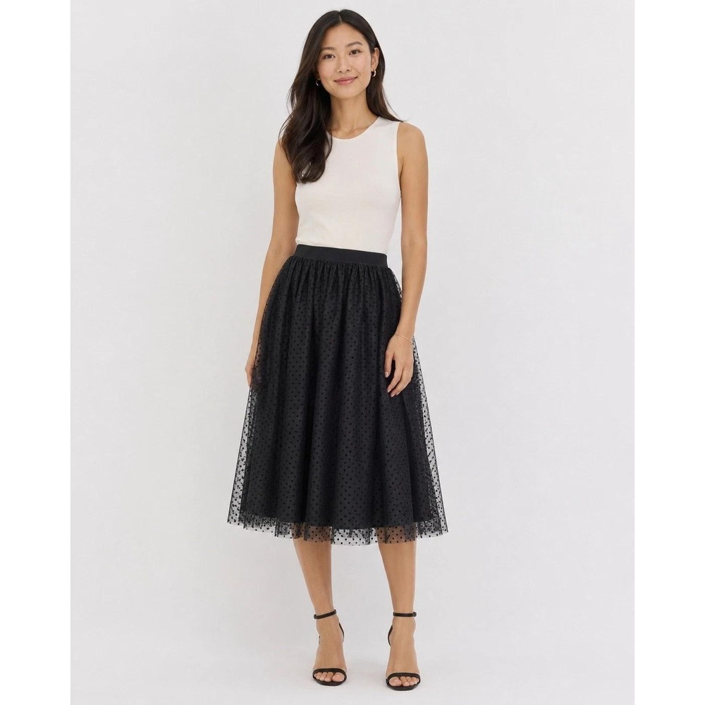 Ann Taylor Black Velvet Polka Dot Tulle Midi Skirt Size 14 Whimsigoth Office